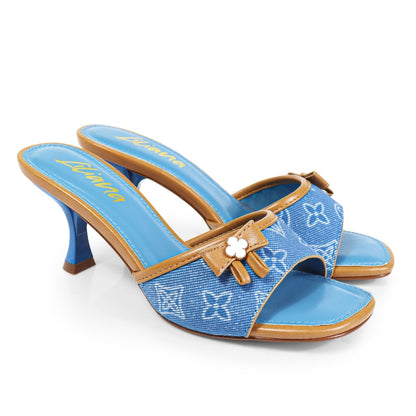 Remy Clover Print Denim Round Toe Kitten Heel Mules
