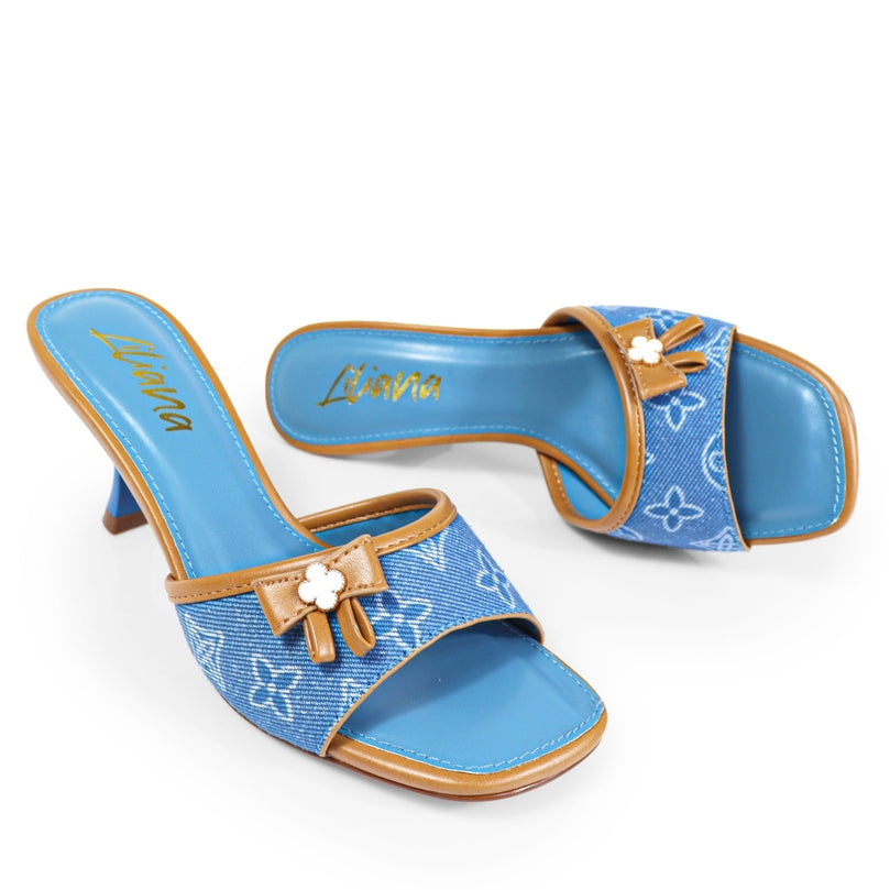 Remy Clover Print Denim Round Toe Kitten Heel Mules