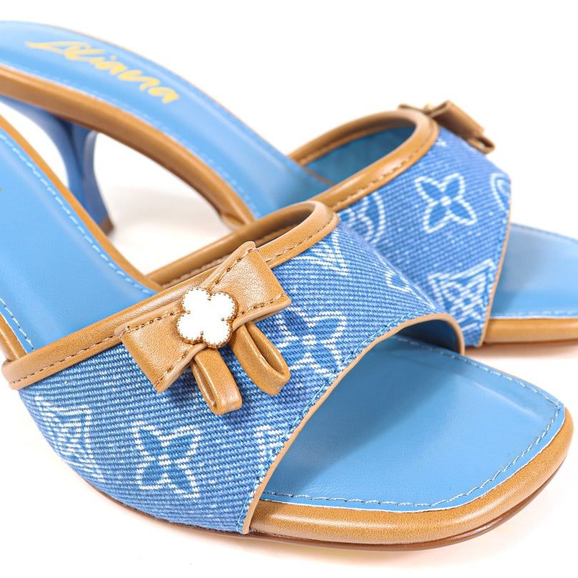 Remy Clover Print Denim Round Toe Kitten Heel Mules