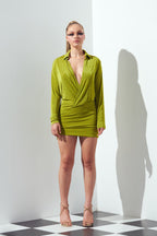 Karina Slinky Deep V Plunge Neck Ruched Banded Hem Mini Dress