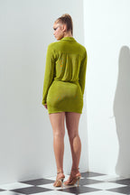 Karina Slinky Deep V Plunge Neck Ruched Banded Hem Mini Dress