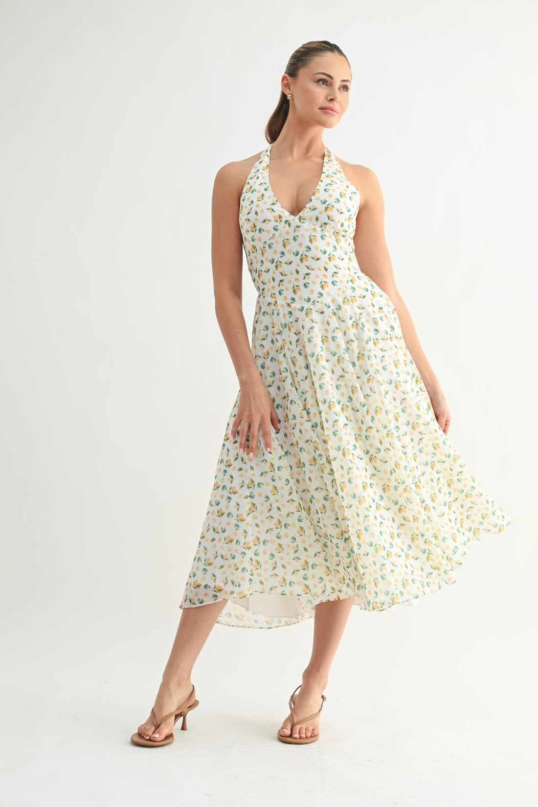 Capri Deep V Neck Lemon Print Halter Midi Dress
