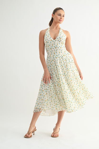 Capri Deep V Neck Lemon Print Halter Midi Dress