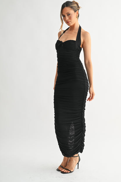 Vivica Sweetheart Neckline Bow Detail Ruched Halter Maxi Dress