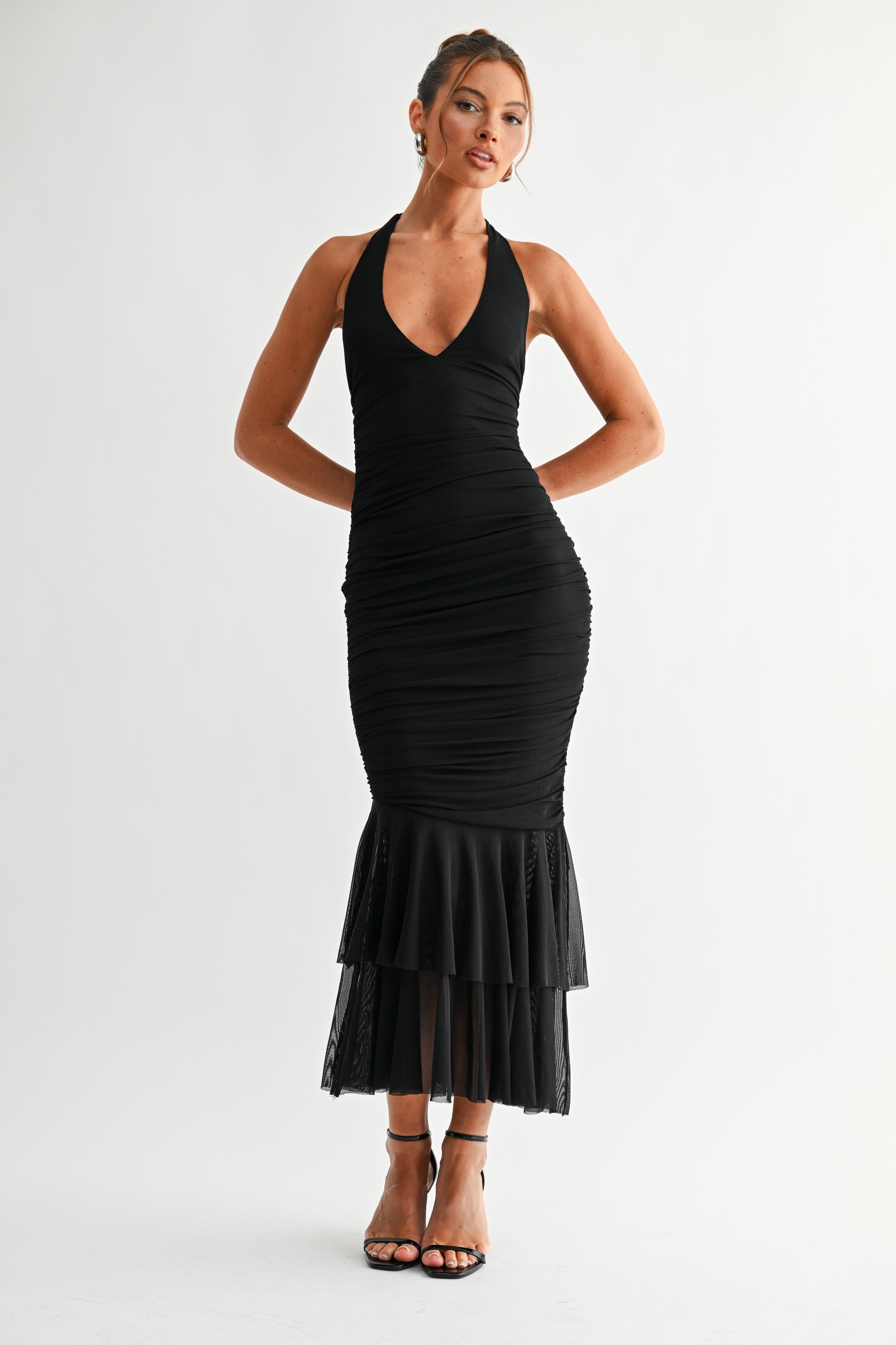 Marina Plunge Neck Flounce Hem Halter Maxi Dress
