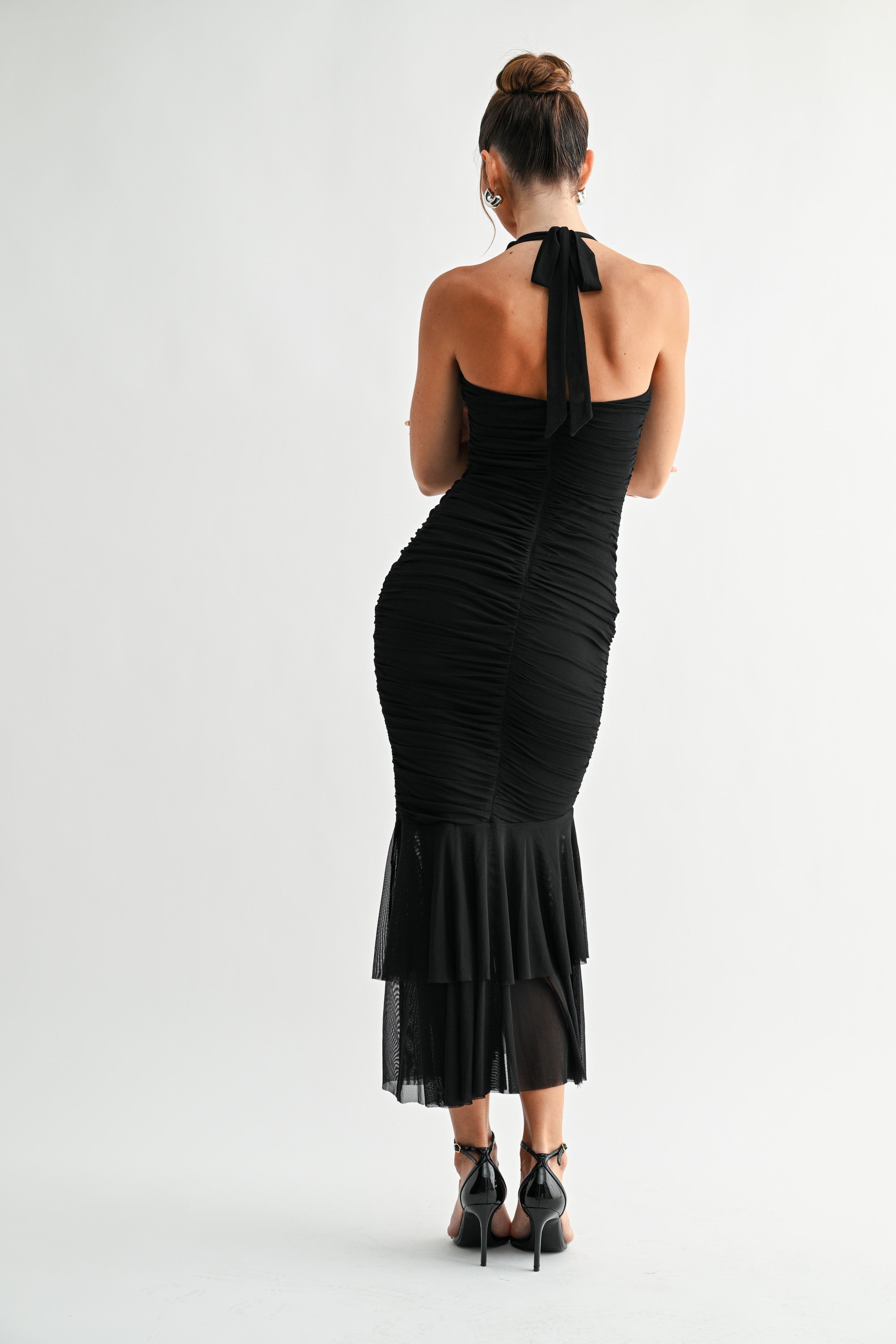 Marina Plunge Neck Flounce Hem Halter Maxi Dress