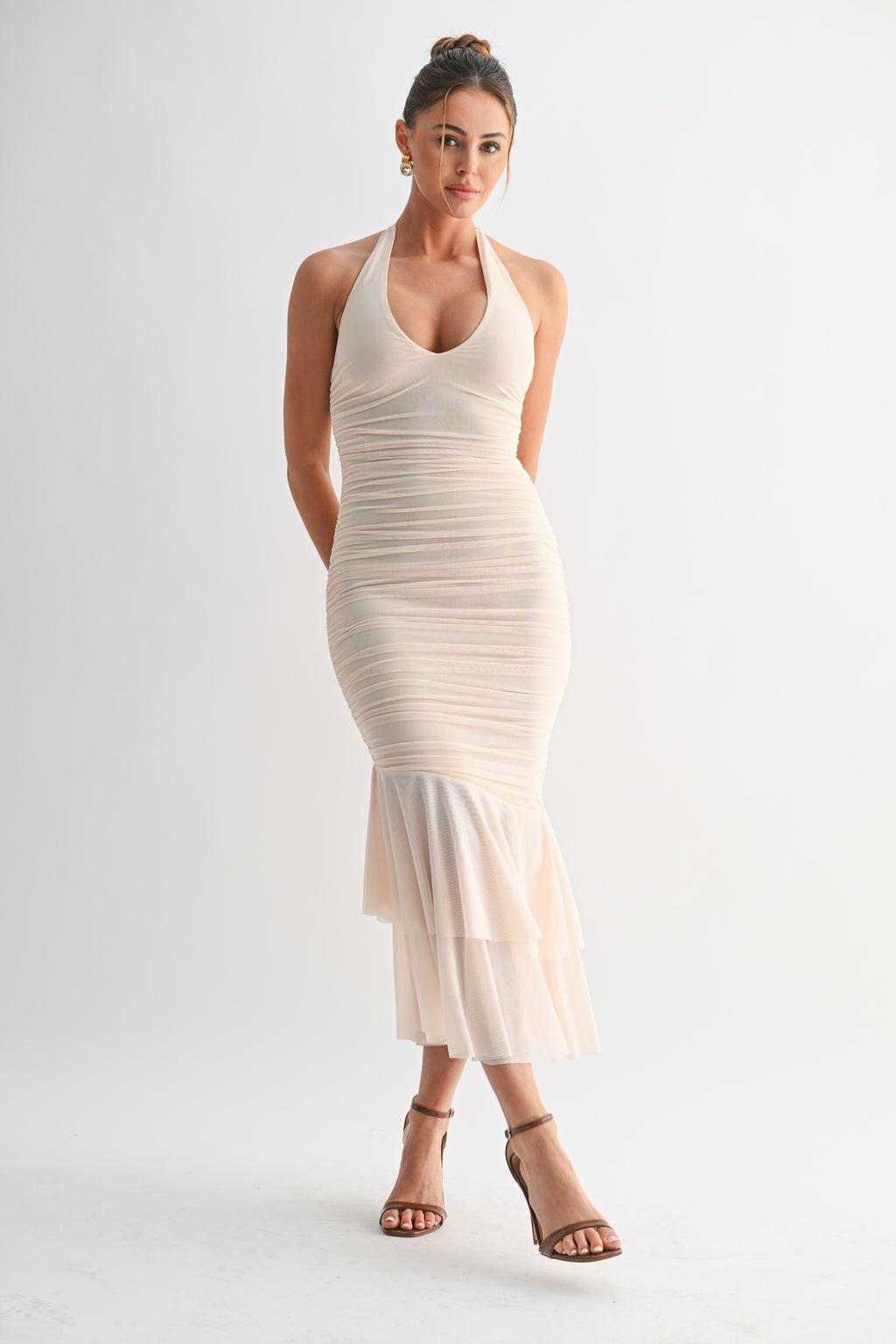 Marina Plunge Neck Flounce Hem Halter Maxi Dress