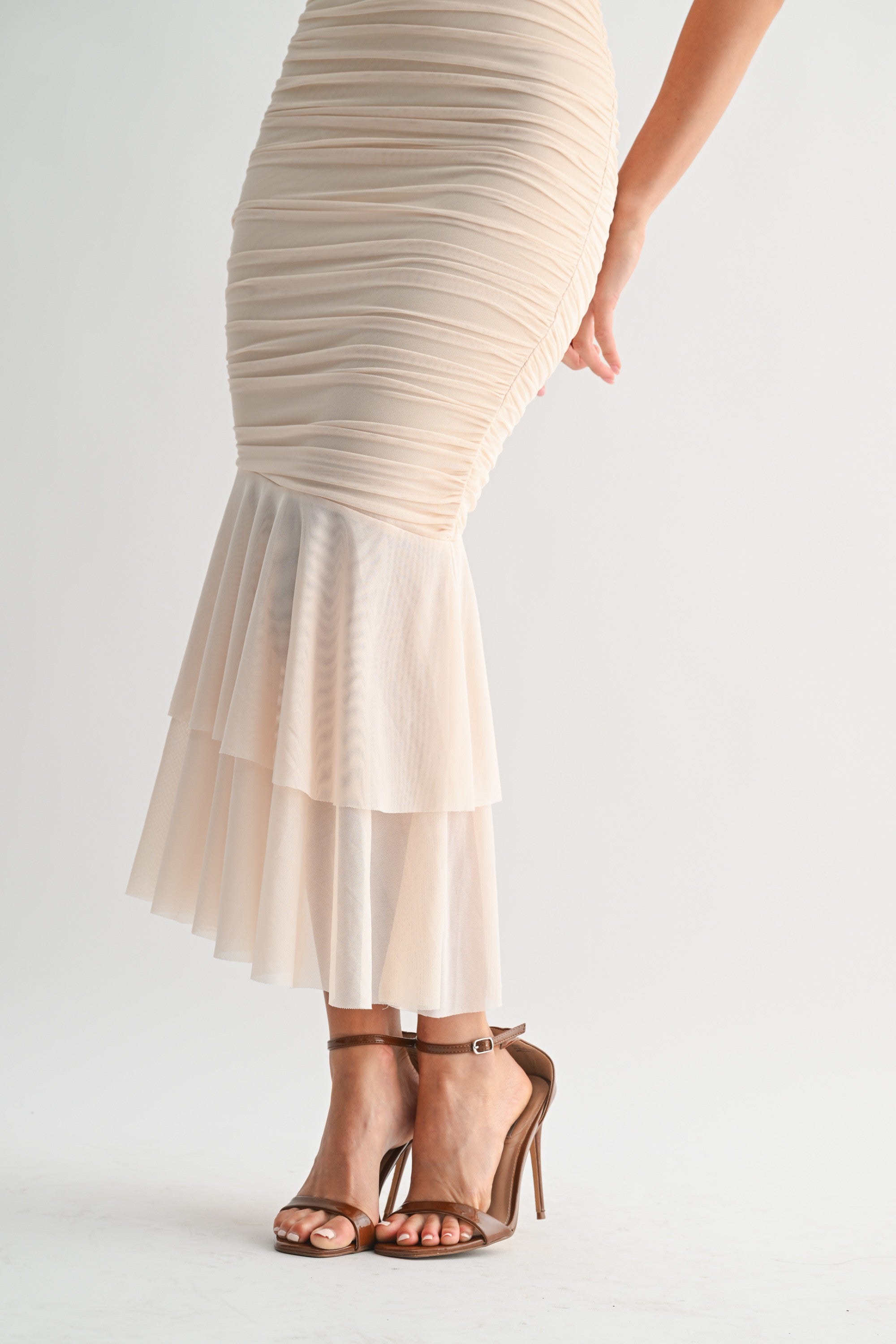 Marina Plunge Neck Flounce Hem Halter Maxi Dress
