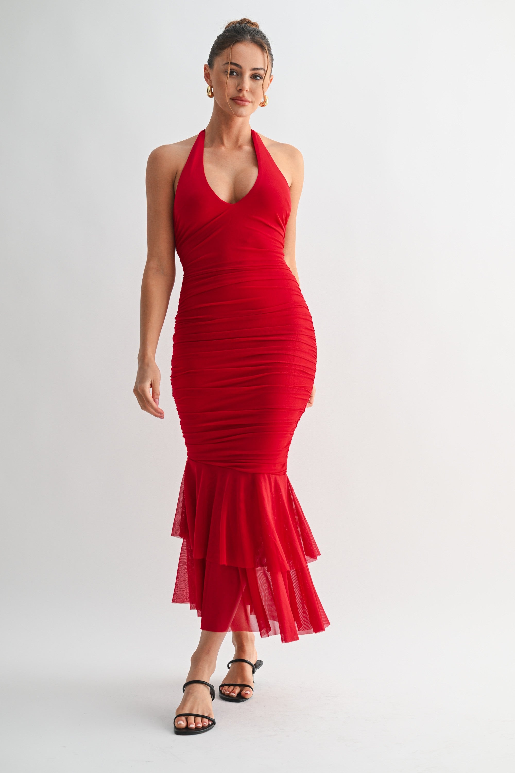 Marina Plunge Neck Flounce Hem Halter Maxi Dress