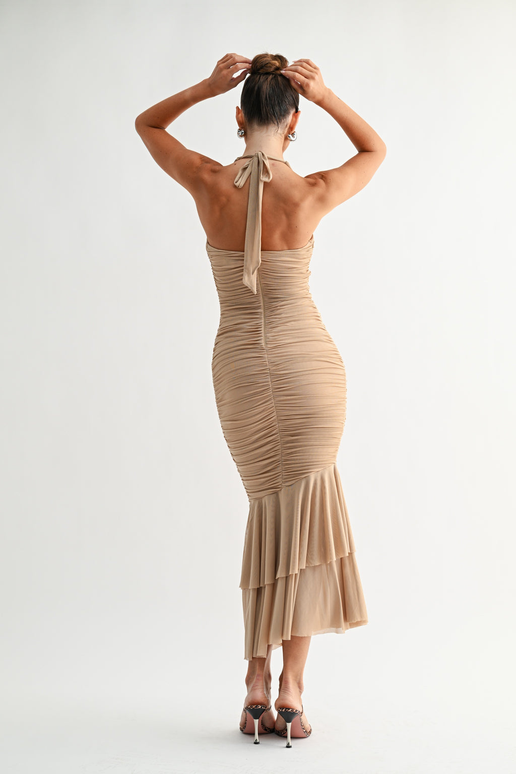 Marina Plunge Neck Flounce Hem Halter Maxi Dress
