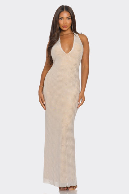Charlie Plunge Neck Hotfix Knit Open Back Halter Maxi Dress