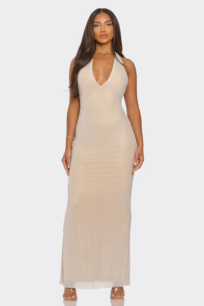 Charlie Plunge Neck Hotfix Knit Open Back Halter Maxi Dress