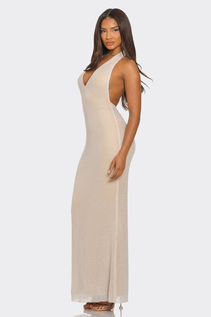 Charlie Plunge Neck Hotfix Knit Open Back Halter Maxi Dress