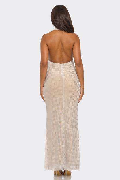 Charlie Plunge Neck Hotfix Knit Open Back Halter Maxi Dress