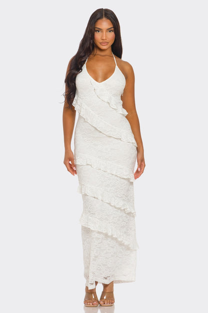 Lorelie Halter Neck Ruffle Lace Open Back Maxi Dress