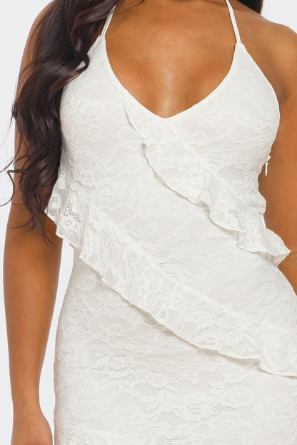 Lorelie Halter Neck Ruffle Lace Open Back Maxi Dress