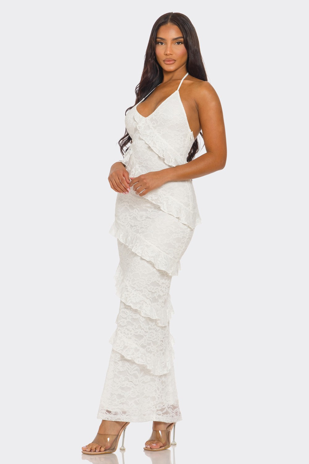 Lorelie Halter Neck Ruffle Lace Open Back Maxi Dress