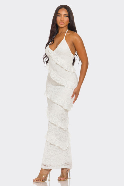 Lorelie Halter Neck Ruffle Lace Open Back Maxi Dress