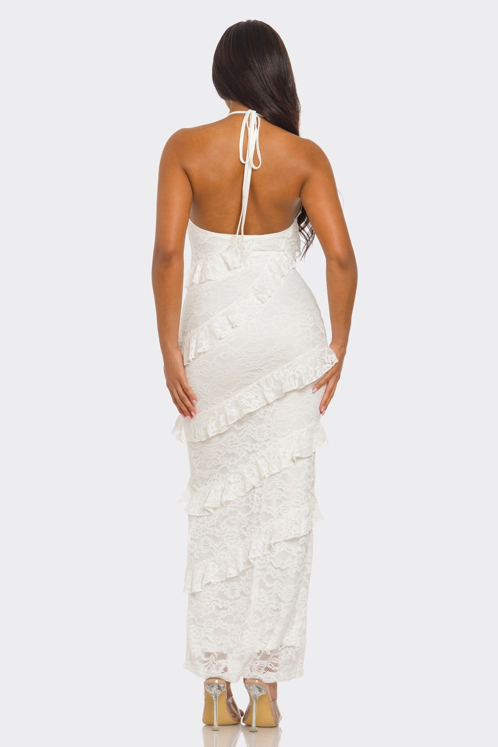 Lorelie Halter Neck Ruffle Lace Open Back Maxi Dress