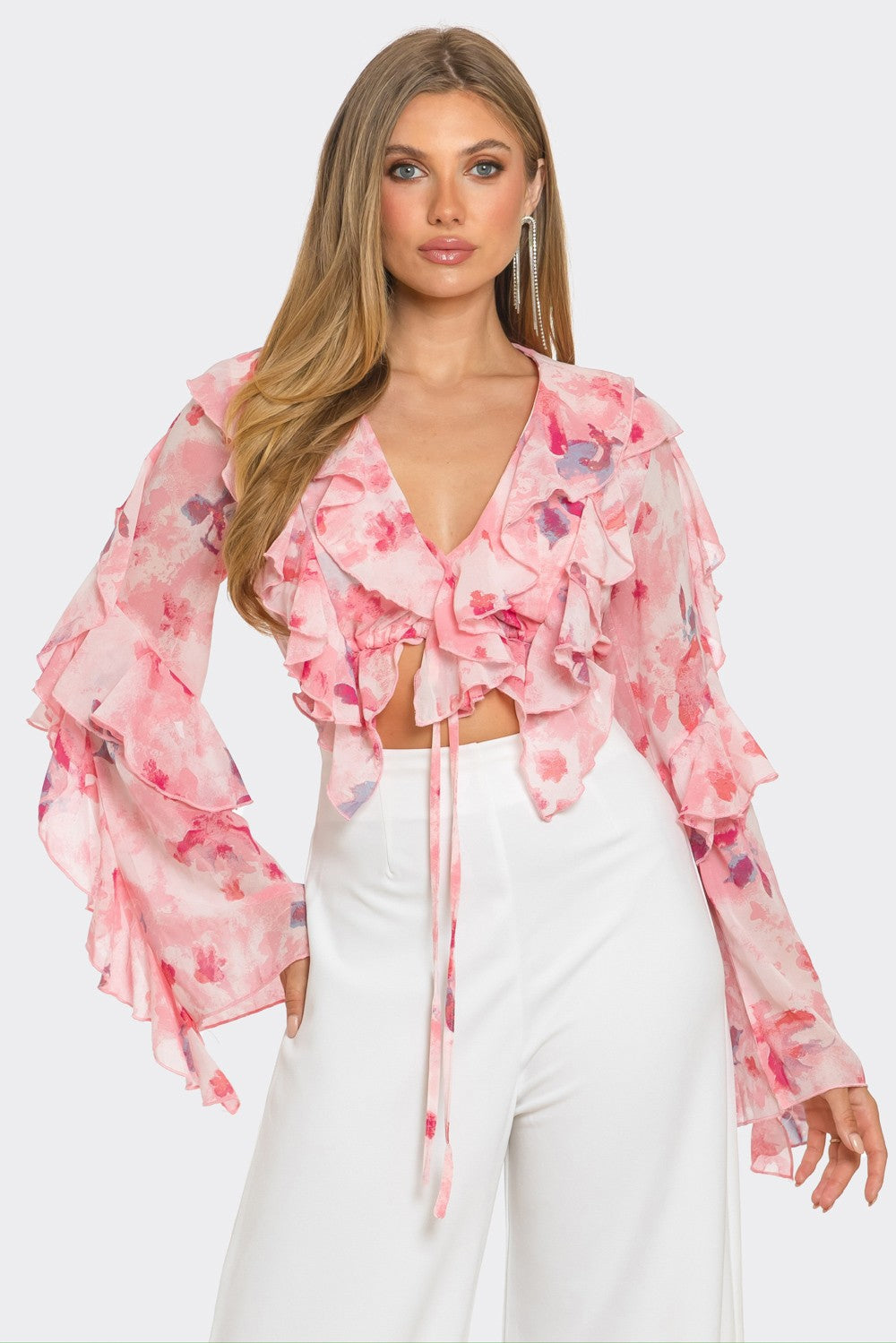 Charisma Floral Print Chiffon Ruffle Cropped Blouse