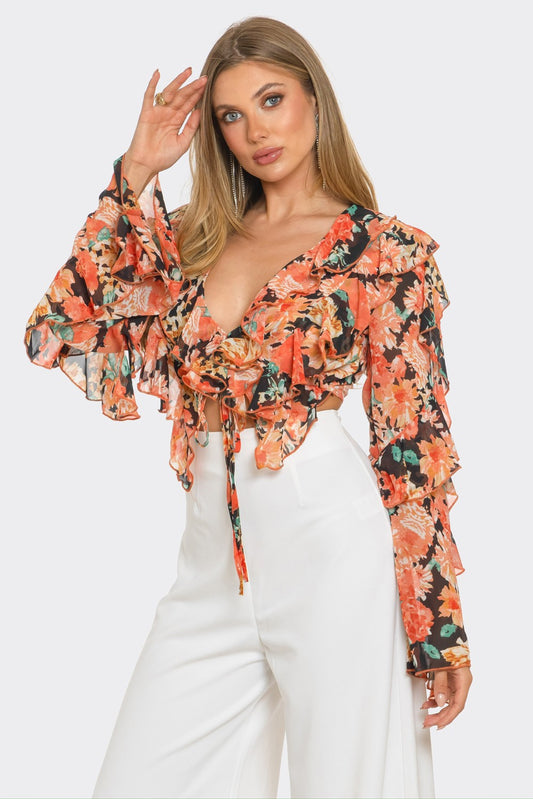 Charisma Floral Print Chiffon Ruffle Cropped Blouse