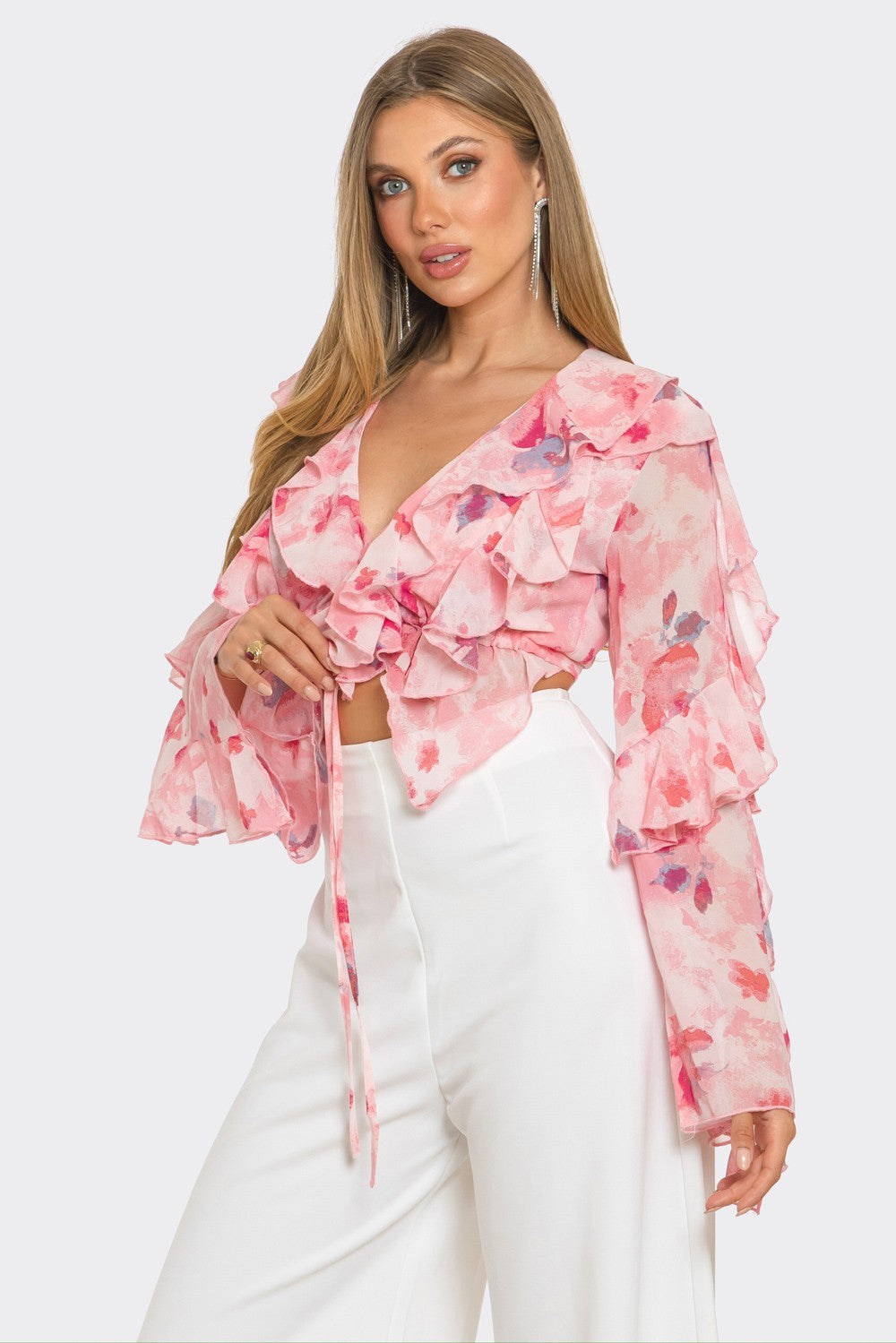 Charisma Floral Print Chiffon Ruffle Cropped Blouse