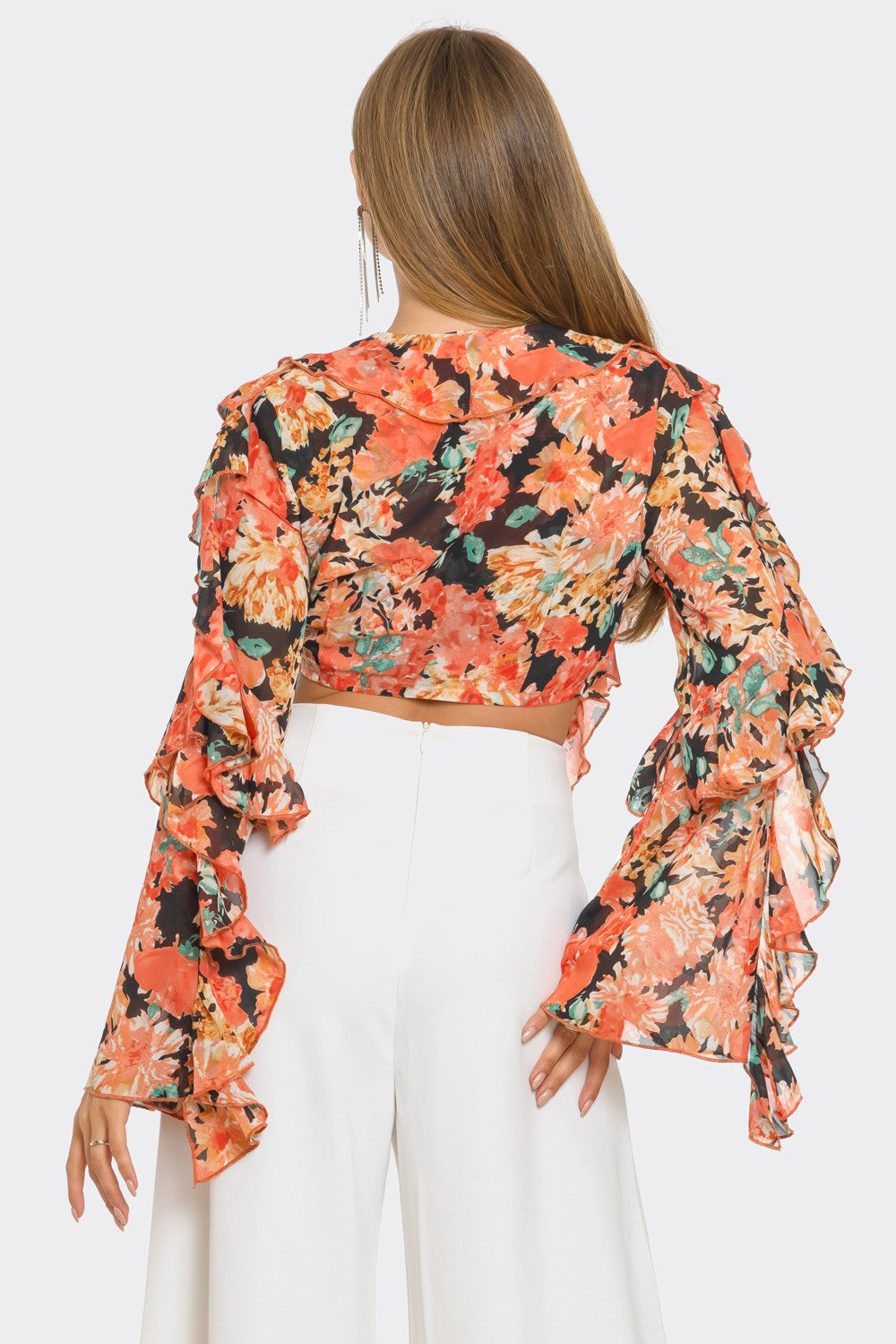 Charisma Floral Print Chiffon Ruffle Cropped Blouse