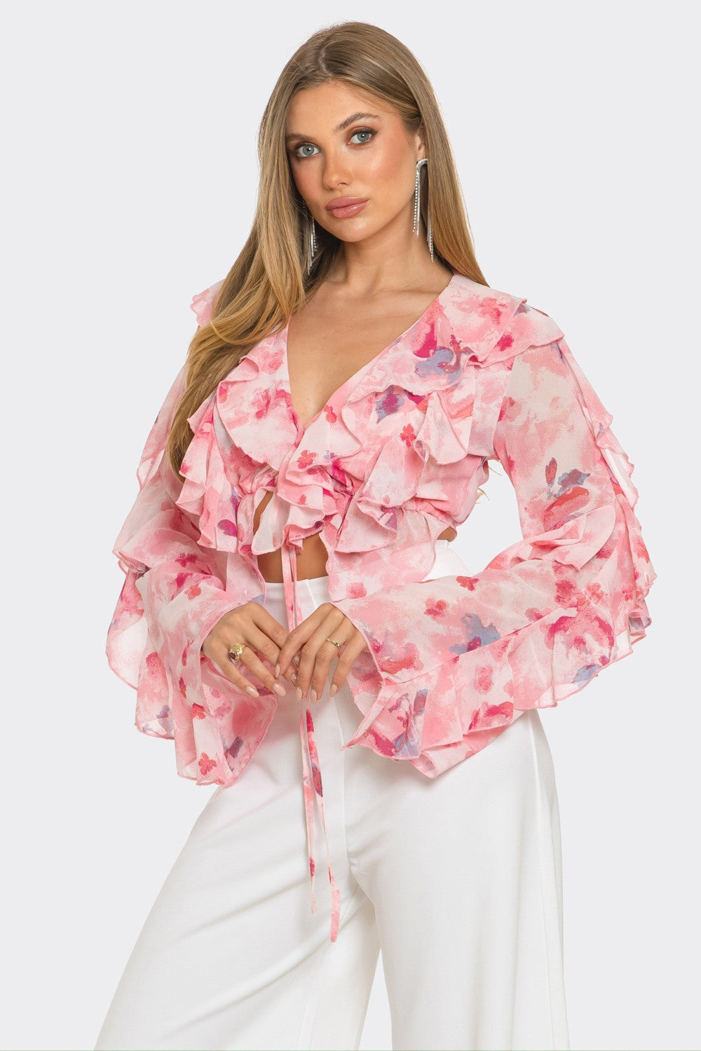 Charisma Floral Print Chiffon Ruffle Cropped Blouse