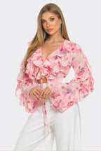Charisma Floral Print Chiffon Ruffle Cropped Blouse