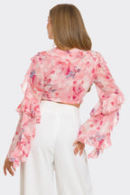 Charisma Floral Print Chiffon Ruffle Cropped Blouse