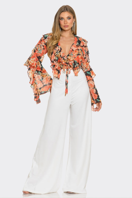 Charisma Floral Print Chiffon Ruffle Cropped Blouse
