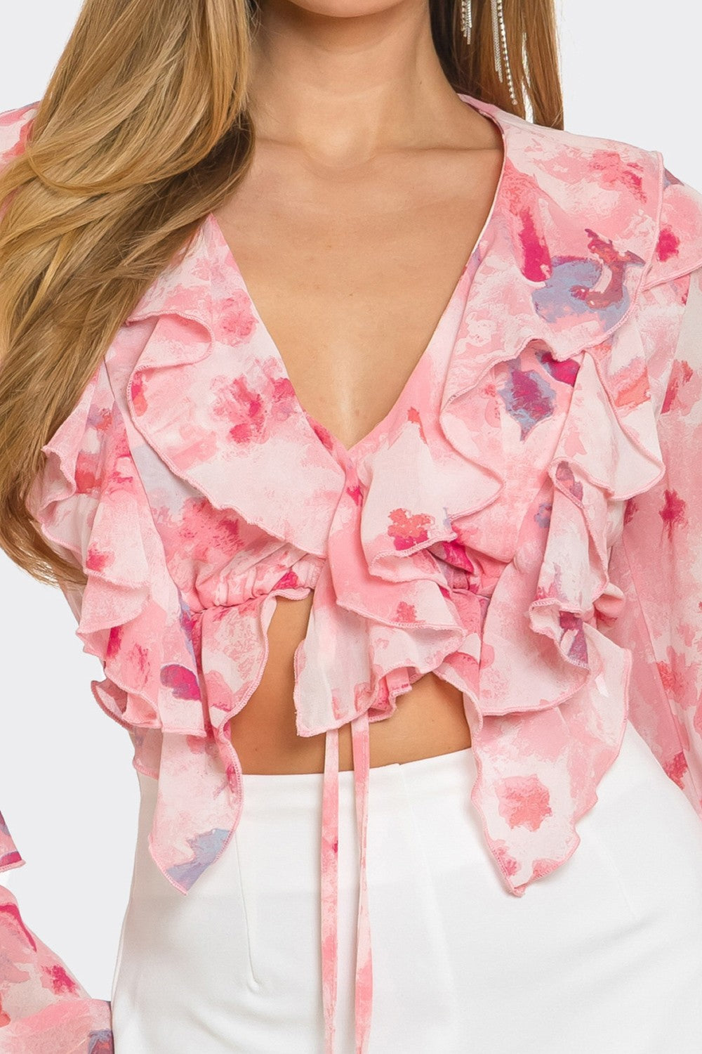 Charisma Floral Print Chiffon Ruffle Cropped Blouse