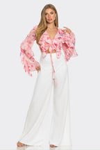 Charisma Floral Print Chiffon Ruffle Cropped Blouse