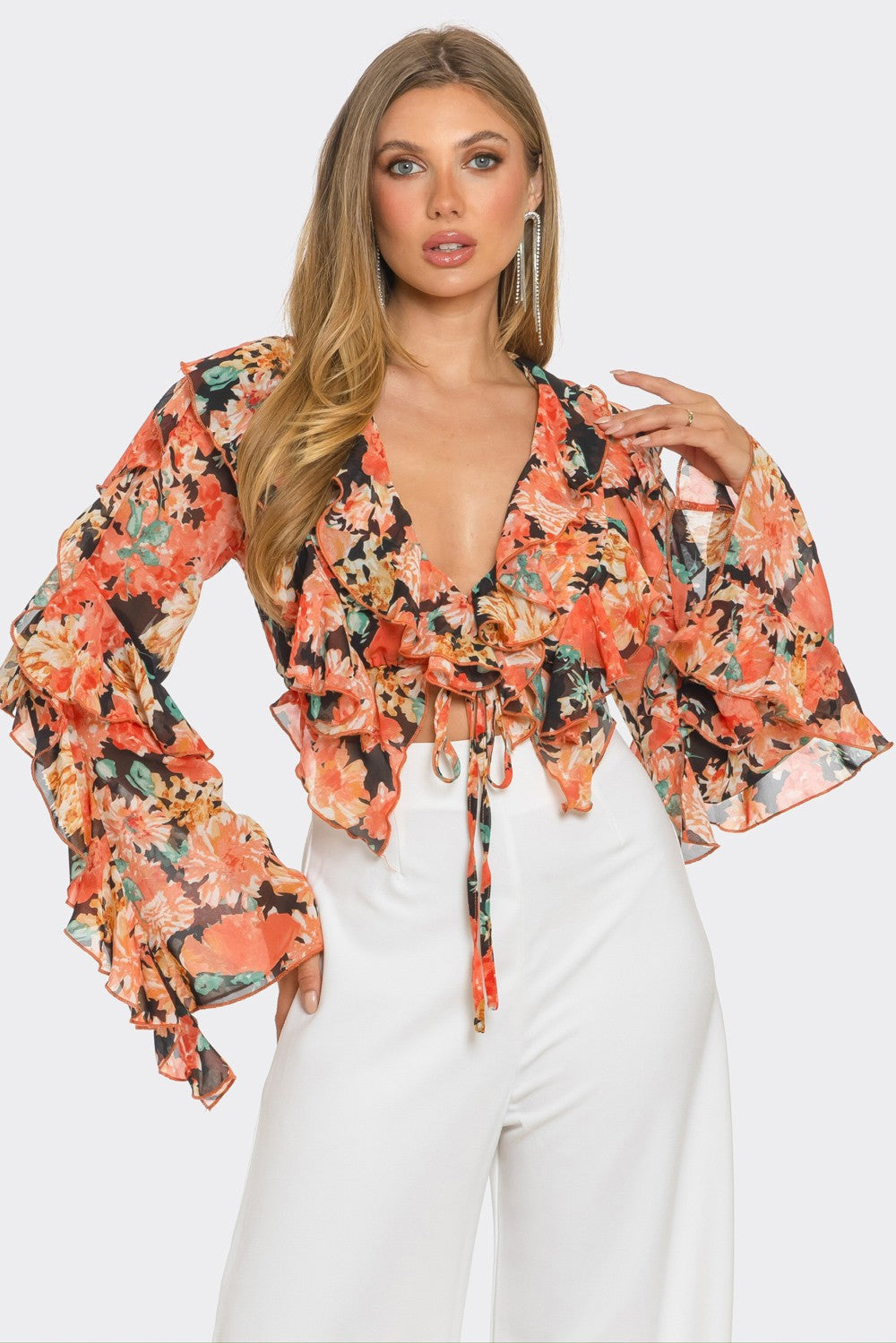 Charisma Floral Print Chiffon Ruffle Cropped Blouse