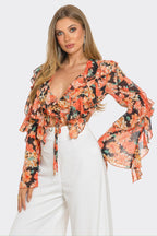 Charisma Floral Print Chiffon Ruffle Cropped Blouse