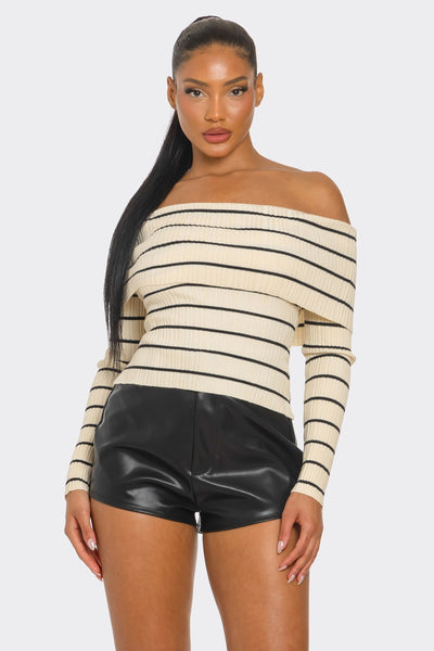 Dorothy Striped Rib Knit Long Sleeve Off Shoulder Top