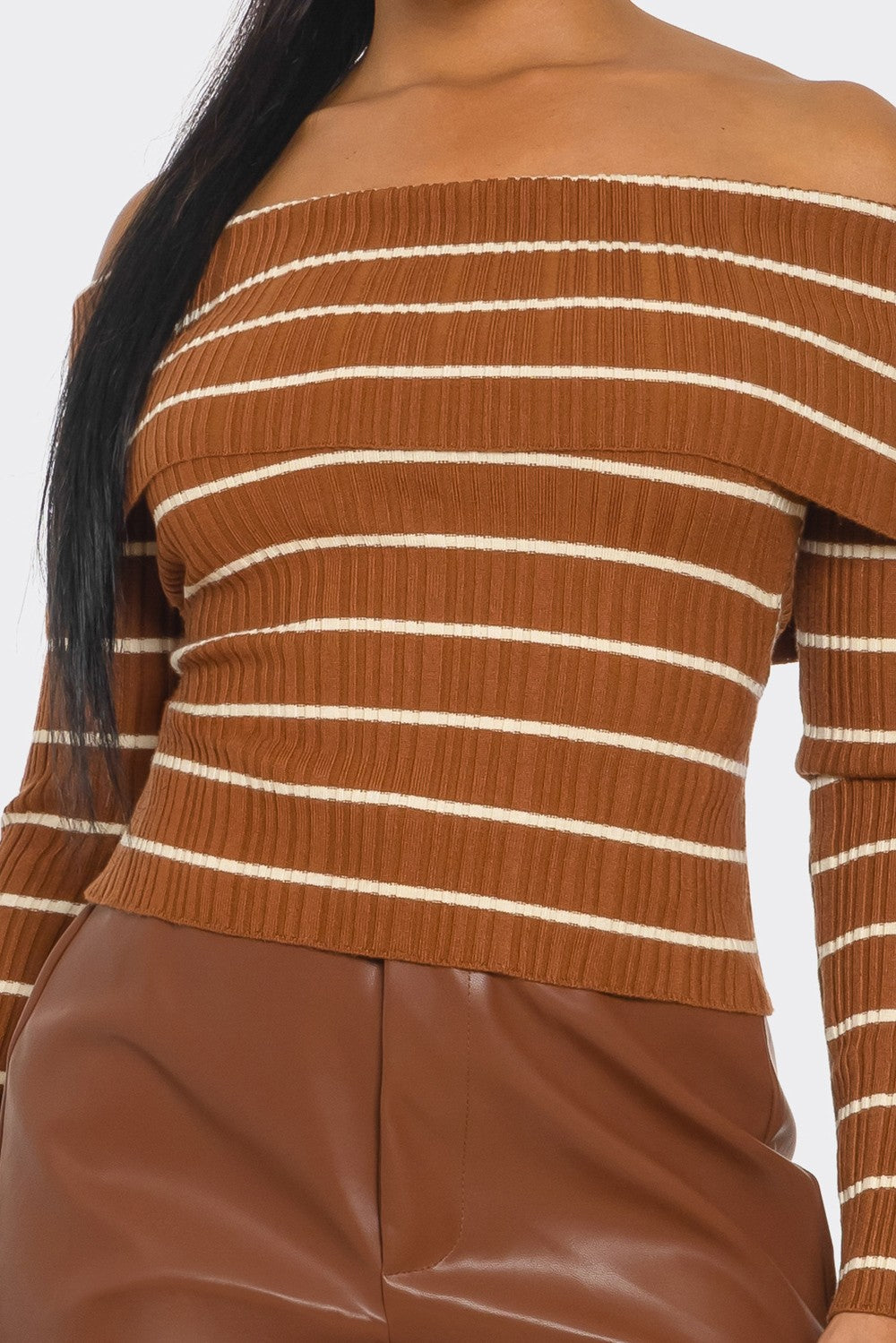 Dorothy Striped Rib Knit Long Sleeve Off Shoulder Top