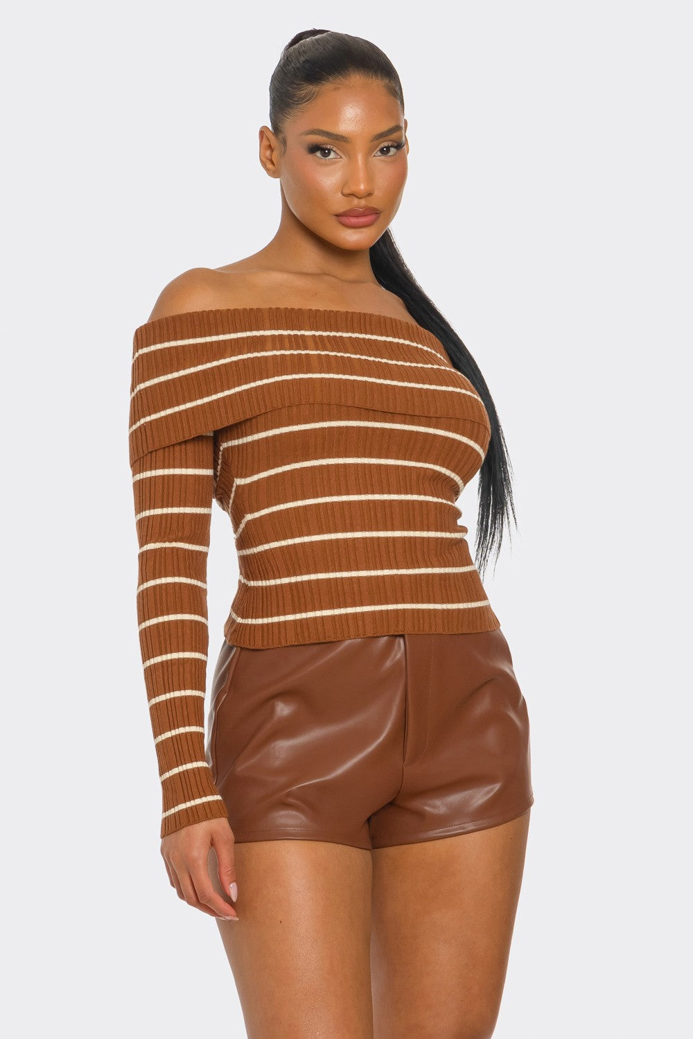 Dorothy Striped Rib Knit Long Sleeve Off Shoulder Top