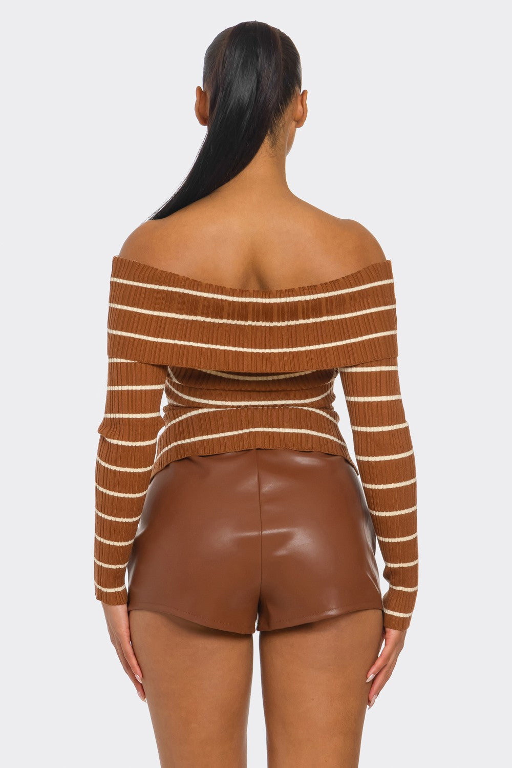 Dorothy Striped Rib Knit Long Sleeve Off Shoulder Top