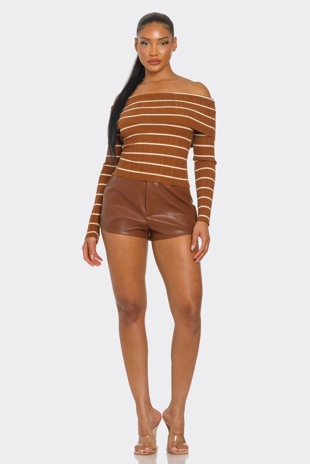 Dorothy Striped Rib Knit Long Sleeve Off Shoulder Top