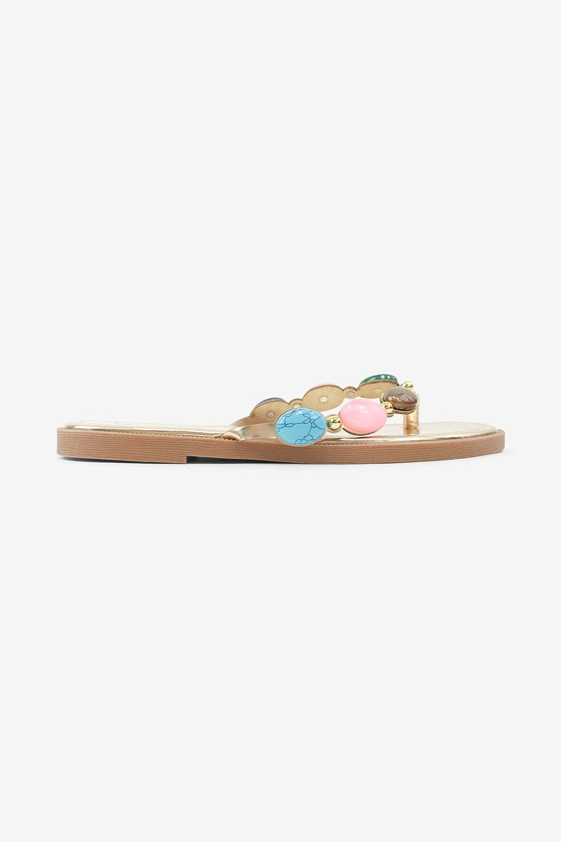 Simone Jewel Stone Beaded Detail Thong Flat Sandals