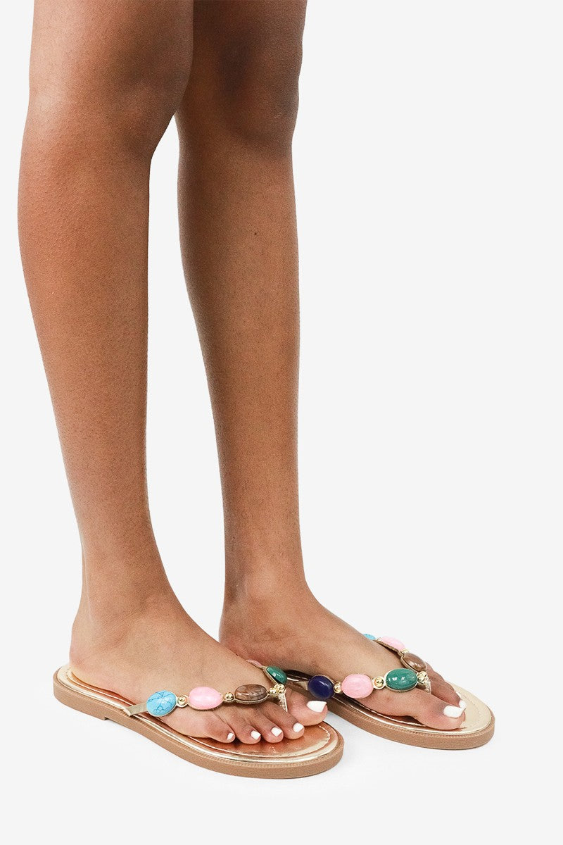 Simone Jewel Stone Beaded Detail Thong Flat Sandals