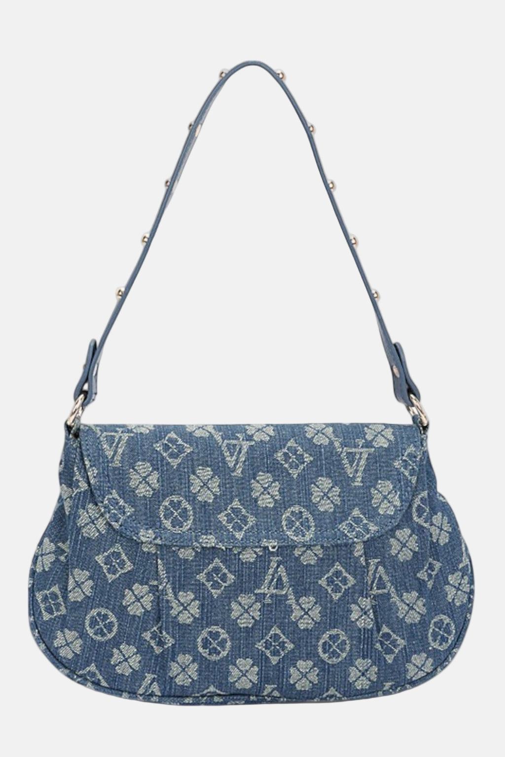 Blue handbag with a pattern on a white background