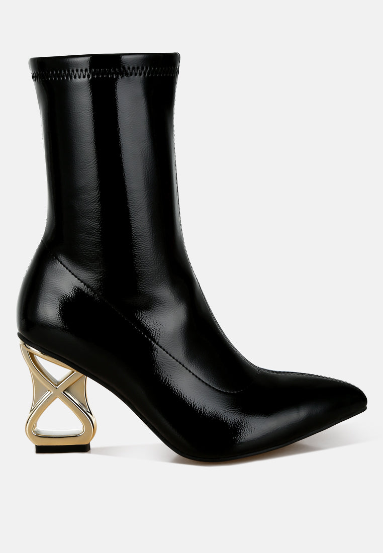 Gaia Pointed Toe Sculpt Heel Patent Faux Leather Ankle Boots