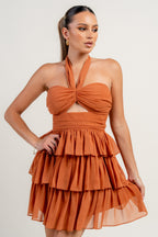 Aryana Chiffon Frill Layered Ruffle Halter Mini Dress