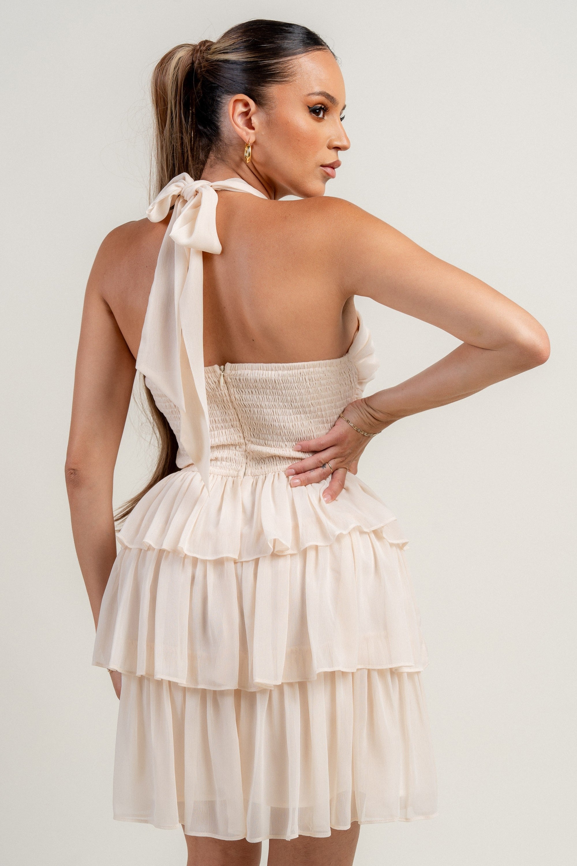 Aryana Chiffon Frill Layered Ruffle Halter Mini Dress