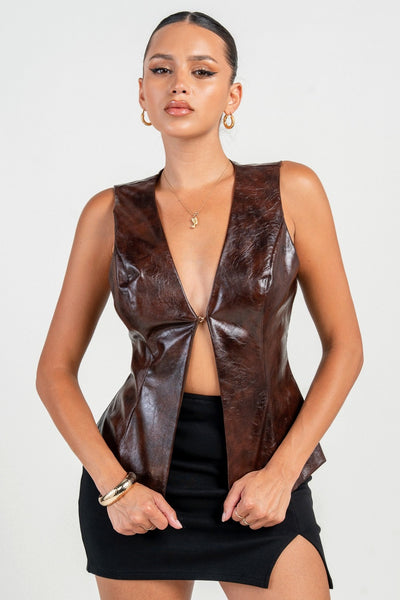 Kaprina Deep V Plunge Neck Faux Leather Vest Top