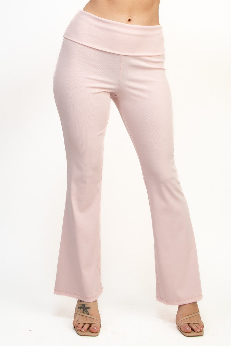 Casual Basics Soft Rib Knit Fold Over Wide Leg Pants