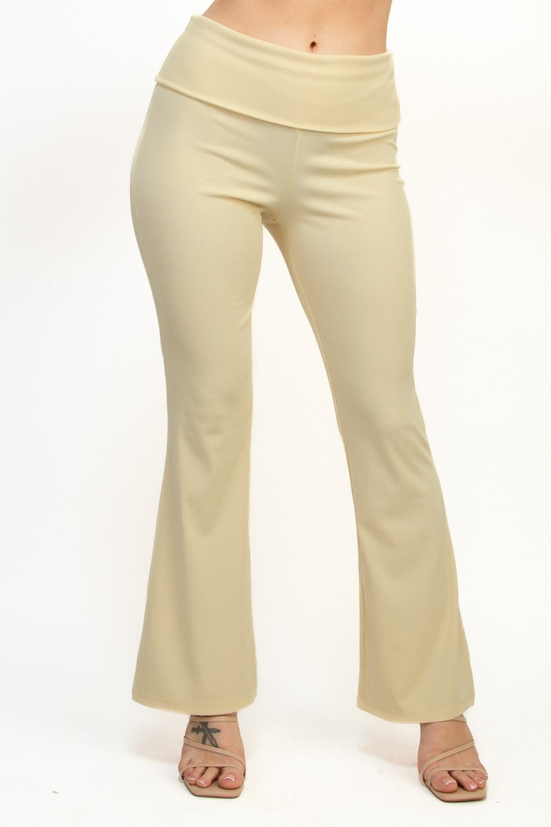 Casual Basics Soft Rib Knit Fold Over Wide Leg Pants