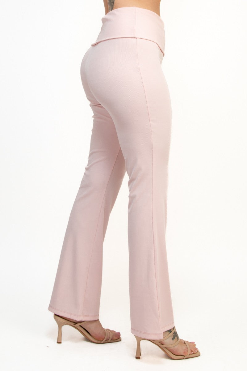 Casual Basics Soft Rib Knit Fold Over Wide Leg Pants